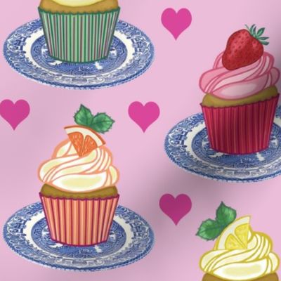 Fruit Cupcakes and Pink Love Hearts on Pale Pink - Cottagecore - Vintage China Plates