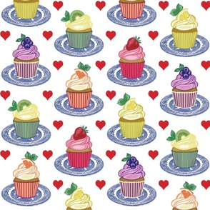 Retro Modern - Kitschy Cute Cupcakes - Red Love Hearts - Baking - Patisserie - Sweet Treats - on White 