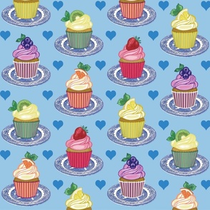 Fruit Cupcakes Pattern on Sky Blue - Blue Hearts - Patisserie - Desserts - Cottagecore