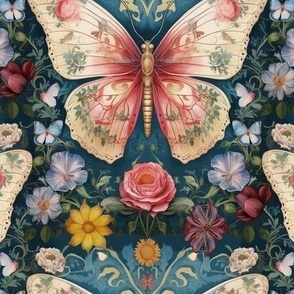 William Morris butterfly pink turquoise rose 