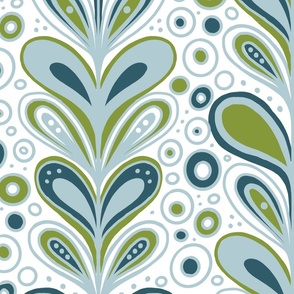 Retro Blooming teal on white wallpaper scale
