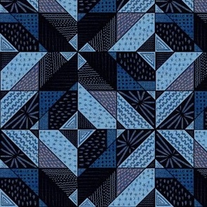 6” repeat  geometric faux woven texture abstract shapes with doodles faux patchwork quilt in Vibrant monochrome blues with a touch of peach