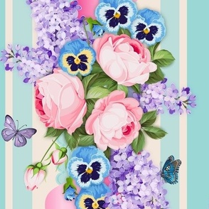 roses pansy lilac butterfly sweet pastel spring floral adorn columns of blue stripes with pink ribbon