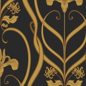 Gold Iris flowers art nouveau black and gold pattern