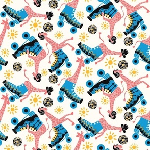 DISCO GIRAFFES | 12" | Quirky Pink Giraffes Groove in Roller Skate Disco | Retro Blue, Pink, Yellow