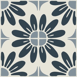 Sunflower Floral Textile Block Print | Jumbo Scale | Cool off white, navy blue, grey blue | multidirectional boho geometric tile