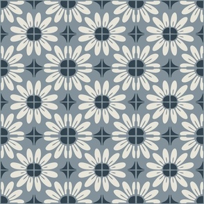 Sunflower Floral Textile Block Print | Small Scale | Grey blue, Cool Off White, Navy Blue | multidirectional boho geometric tile