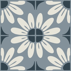 Sunflower Floral Textile Block Print | Jumbo Scale | Grey blue, Cool Off White, Navy Blue | multidirectional boho geometric tile