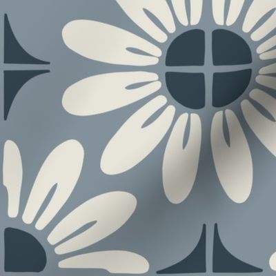 Sunflower Floral Textile Block Print | Medium Scale | Grey blue, Cool Off White, Navy Blue | multidirectional boho geometric tile