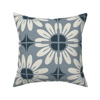 Sunflower Floral Textile Block Print | Medium Scale | Grey blue, Cool Off White, Navy Blue | multidirectional boho geometric tile