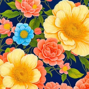 peach and yellow gold flowers blue background XL