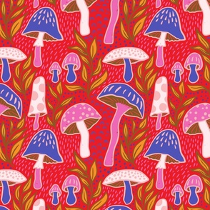 L - Mushrooms - Pink, Orange, Blue with Red Background