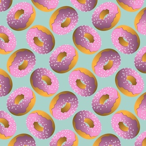 Strawberry Pink Glazed Donuts with Sprinkles on Light Teal