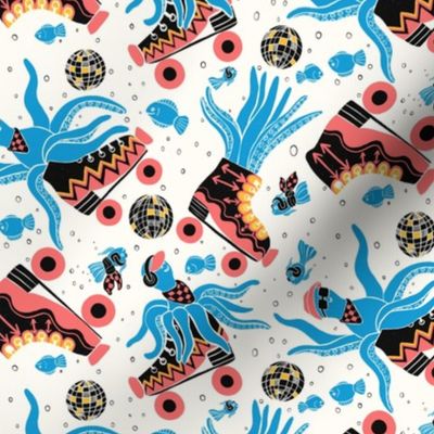 OCTOPI IN ROLLER SKATES | 12" | Energetic roller discos with funky octopi, fish in retro cerulean blue and raspberry pink