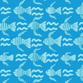 FISHES & WAVES | 12" | Whimsical Waves and Quirky Fishes Block Print on marine blue