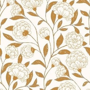 gold line work of textured good luck peonies on cream, small
