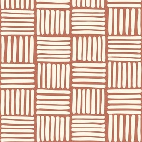 Basket Weave Checkerboard - Freehand Lines in Cream on Warm Terracotta - Simple Geometric Neutral Boho Checker
