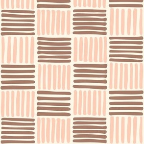 Basket Weave Checkerboard - Freehand Lines in Earthy Brown and Warm Soft Peach on Cream - Simple Geometric Boho Checker