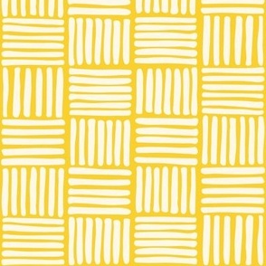 Basket Weave Checkerboard - Freehand Lines in Cream on Warm Sunlight Yellow - Simple Geometric Bright Checker
