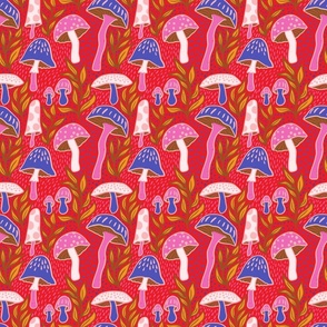 M - Mushrooms - Pink, Orange, Blue with Red Background