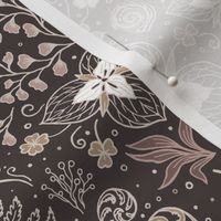 Wildwood flora.  Forest biome. Botanical damask  - Brown and Beige -Medium scale