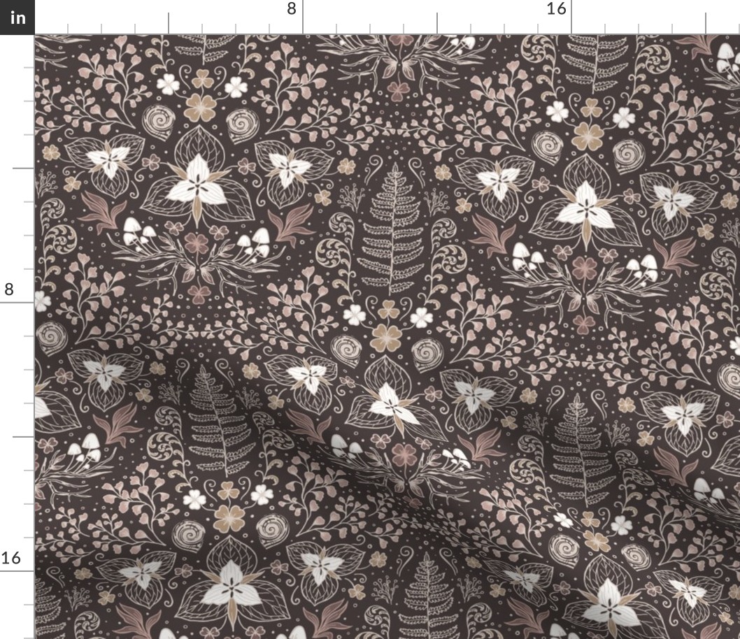 Wildwood flora.  Forest biome. Botanical damask  - Brown and Beige -Medium scale