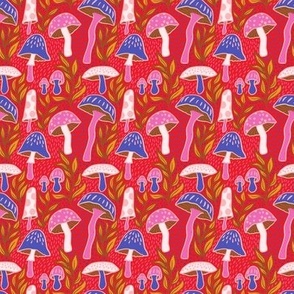 S - Mushrooms - Pink, Orange, Blue with Red Background