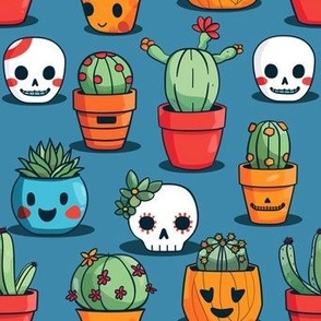 Fiesta of Smiles: Whimsical Cacti & Skull Pots Fabric