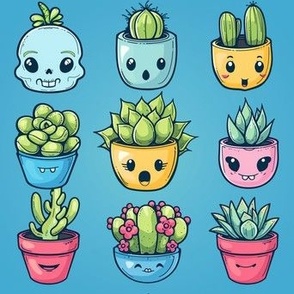 Smiles in Bloom: Kawaii Succulents and Pots Fabric