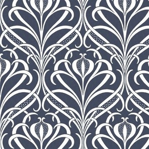 Art Nouveau Seagrass Floral in White on Prussian Blue - Coordinate - Medium Scale