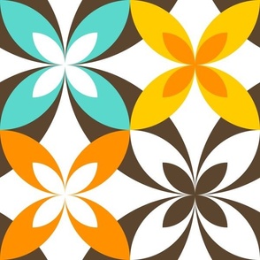 Bohemian Mid Century Modern Circle X Pattern // Dark Brown, Turquoise Blue, Orange, Yellow, White // V1 // Large Scale - 300 DPI