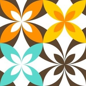 Bohemian Mid Century Modern Circle X Pattern // Dark Brown, Turquoise Blue, Orange, Yellow, White // V2 // Medium Scale - 600 DPI