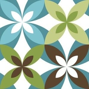 Bohemian Mid Century Modern Circle X Pattern // Dark Brown, Denim Blue, Green, White // V2 // Medium Scale - 600 DPI