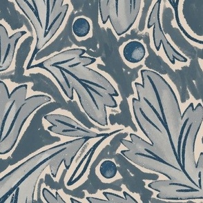 (L) Baroque Damask Leaves in dark blue, gray-blue and dusty blue and off white