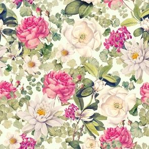 Lush Romantism Antique Flowers - Vintage home decor, Nostalgic floral wallpaper, antiqued Roses Fabric