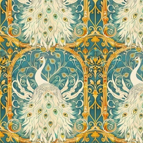 art nouveau albino peacock in gold green and white 