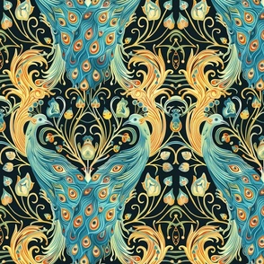 art nouveau peacock in teal blue and orange gold