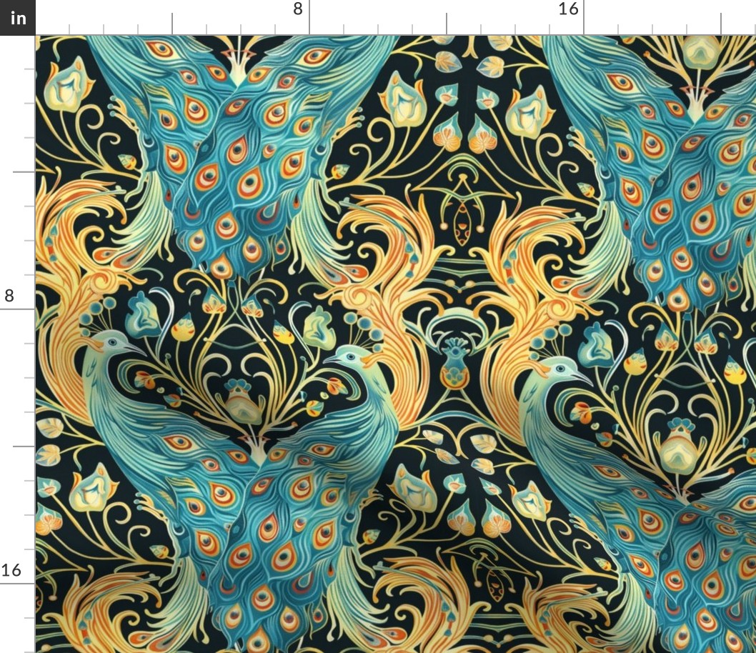 art nouveau peacock in teal blue and orange gold