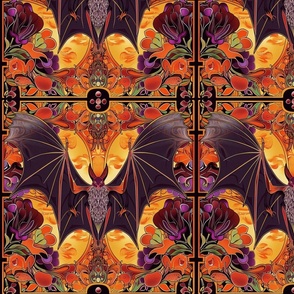 art nouveau bats in orange gold and purple black