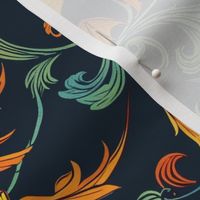 art nouveau bat damask in gold orange and green blue