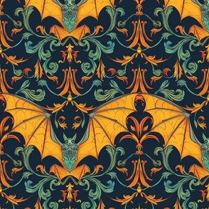 art nouveau bat damask in gold orange and green blue