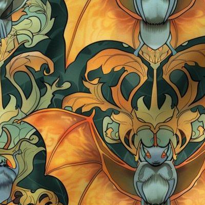 art nouveau bat damask in orange gold and green