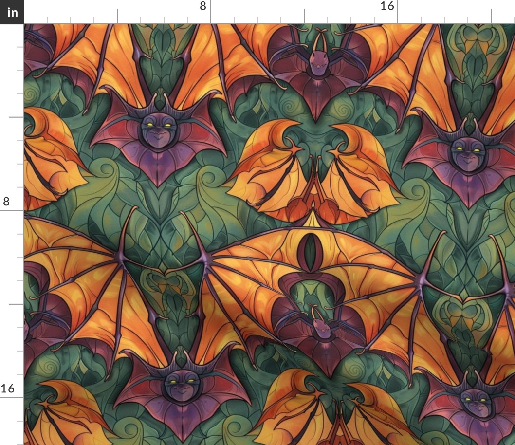 art nouveau bat damask in purple green and orange gold