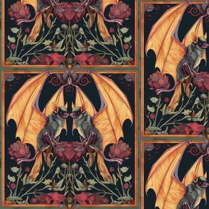 art nouveau bat love tile in orange gold and green floral