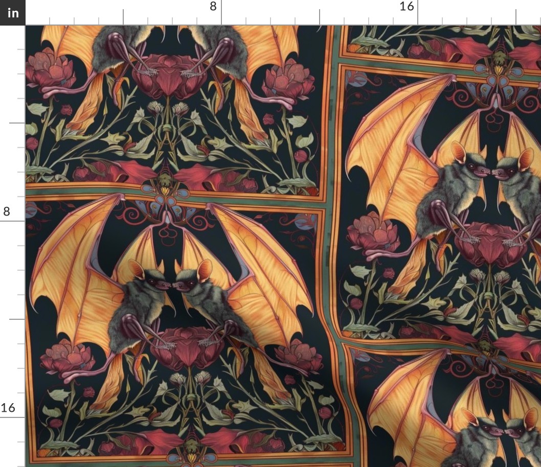 art nouveau bat love tile in orange gold and green floral