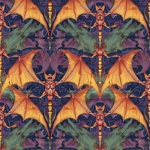 vampire magic art nouveau bat in orange gold and purple green