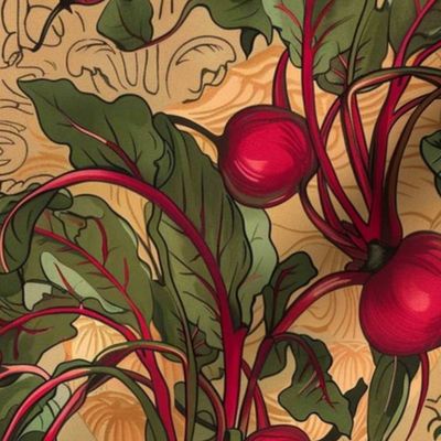 on the art nouveau farm with a beet botanical in red gold and green