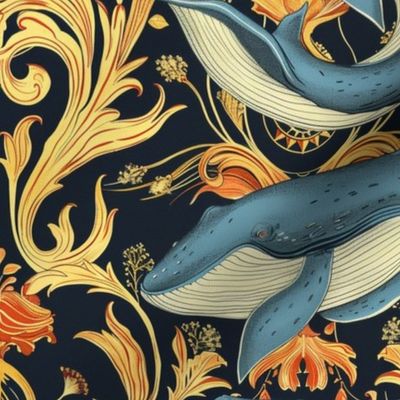 art nouveau blue whale damask in gold black