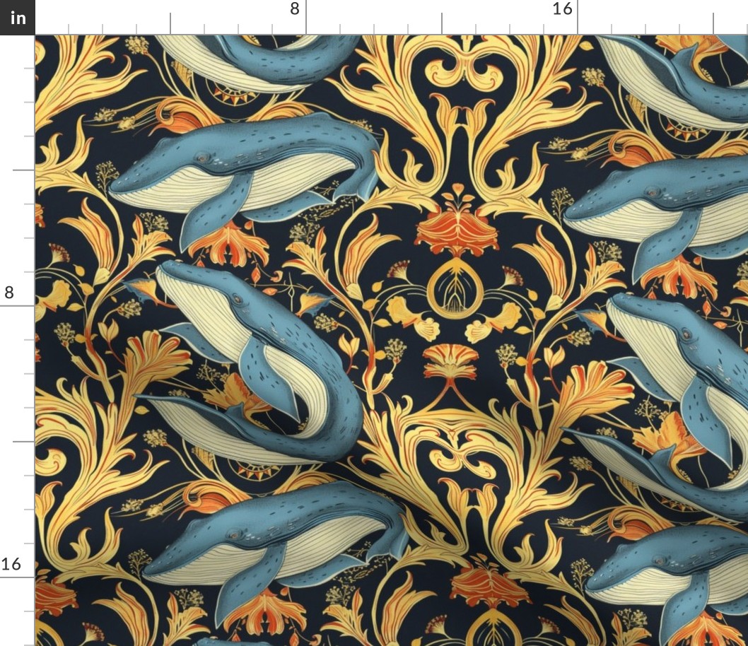 art nouveau blue whale damask in gold black