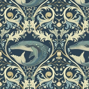 art nouveau blue whale damask in soft pastels